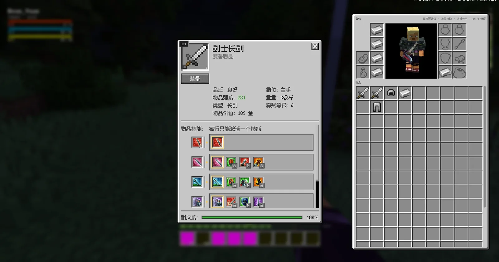Item window over the inventory: Swordsman longsword, four skill rows