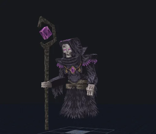 The Fallen High Priest, modelled from the document description: torn priest robes, a staff carved with ritual runes, blue and dark red magic bleeding off him