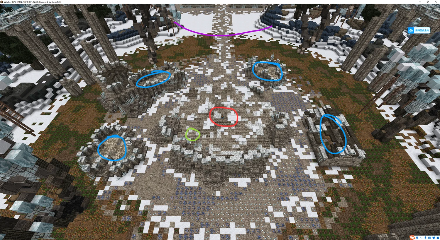 Red: the broken crystal. Blue: the four ore veins. Green: the NPC. Purple: the barrier that opens on success.