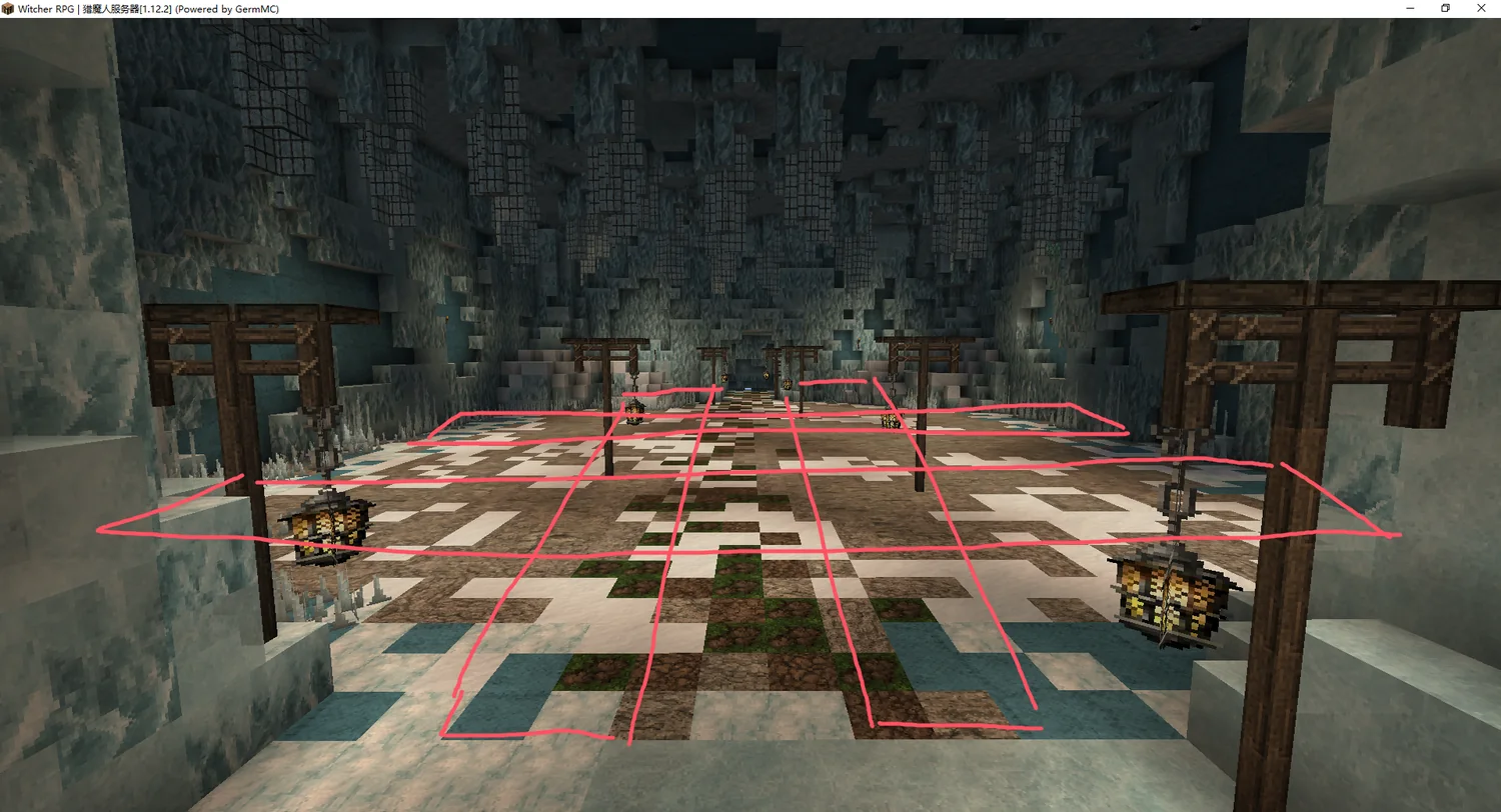 The pit: four wind zones marked in red, two fire every 15 seconds while icicles drop at random points.