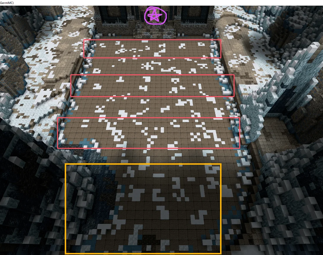 The gate arena; the border fades yellow to warn that entering locks the way back.