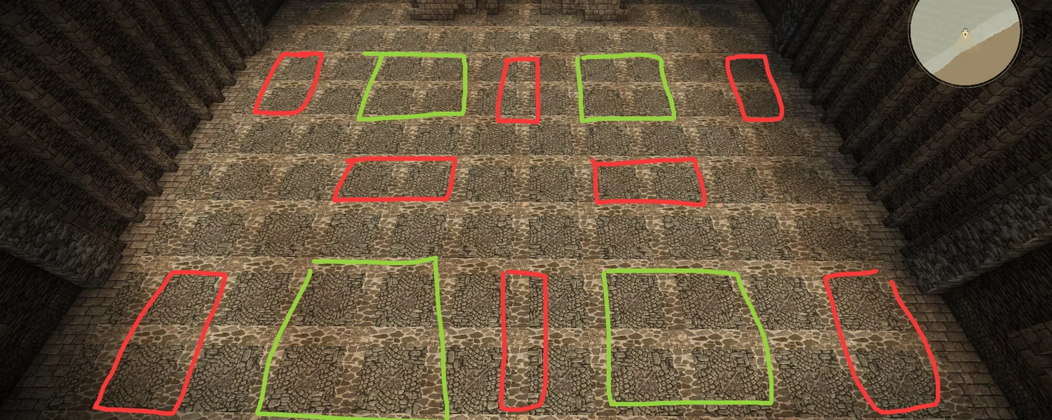 Green: the four stand-in zones. Red: golem spray lanes and the spike floor between them.