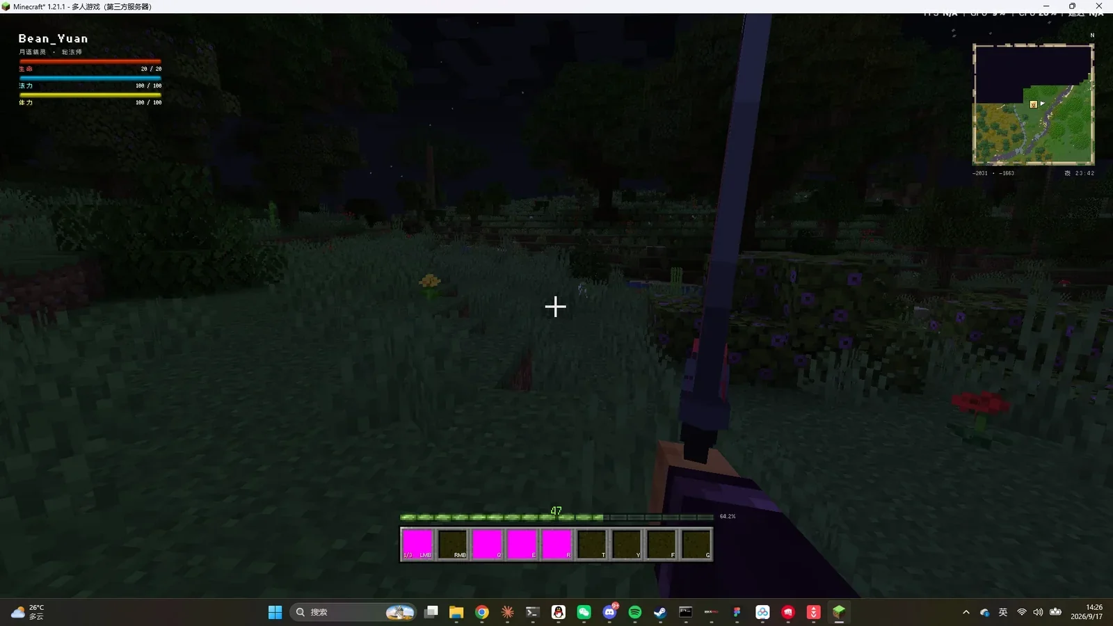 In-game first-person HUD with the skill bar and target frame