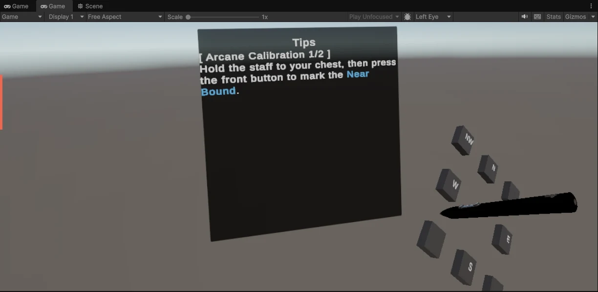 VR experiment — arcane calibration step, marking spatial bounds with the staff