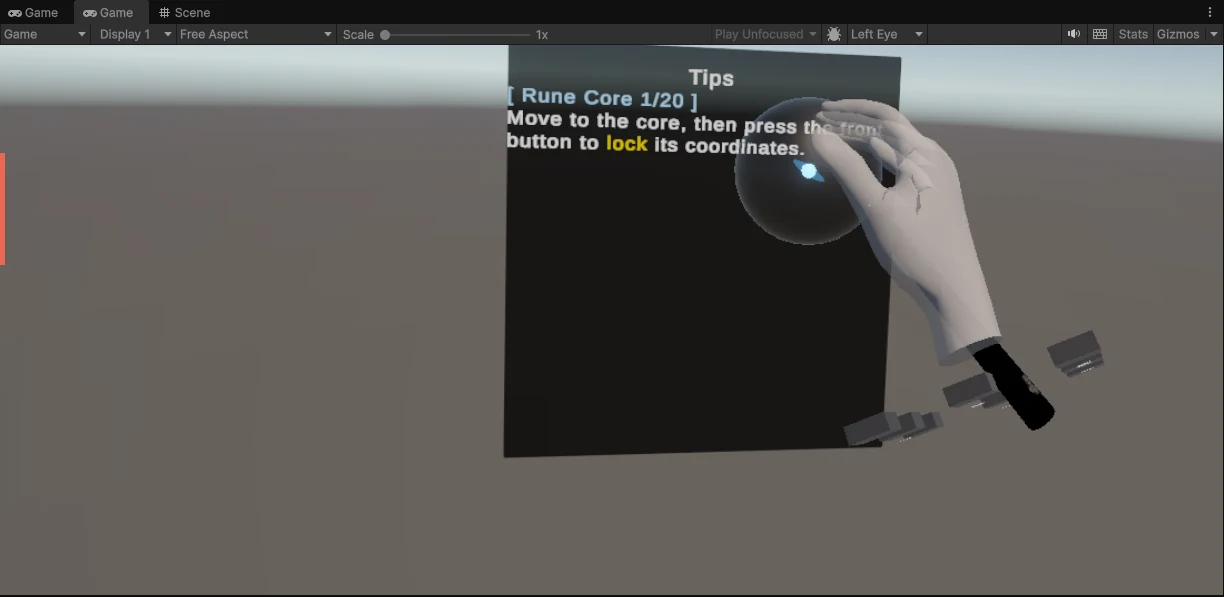 VR experiment — rune-core localization task, locking a core's coordinates