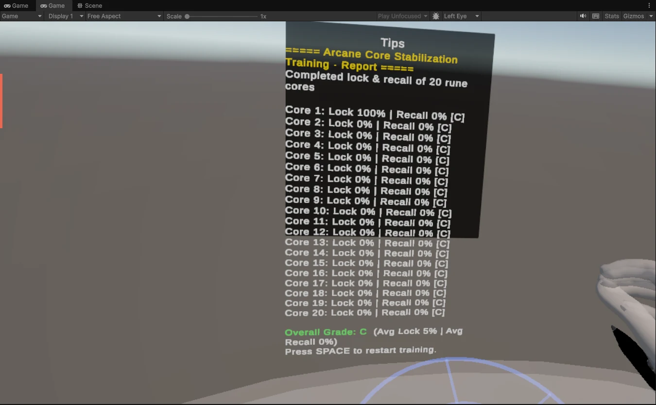 VR experiment — end-of-session performance report with per-core lock and recall accuracy